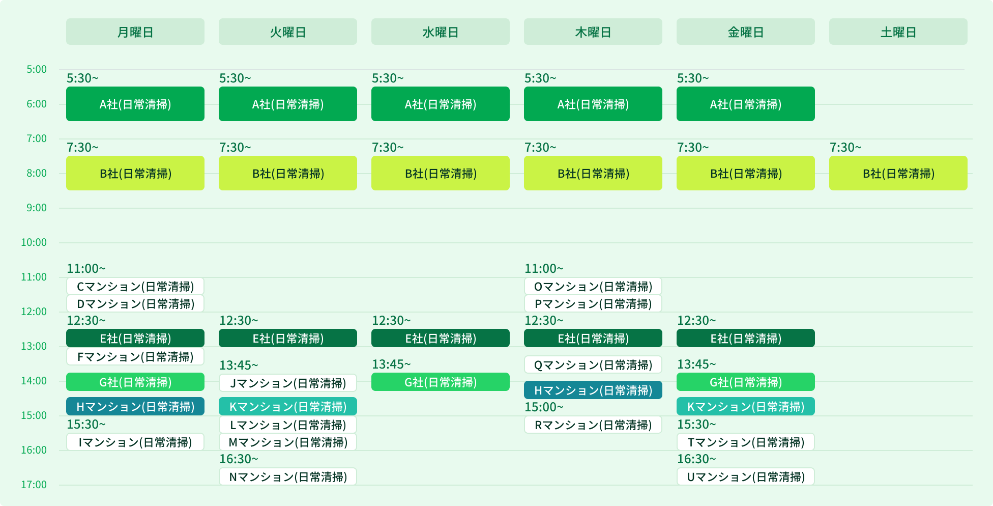 Yさんご夫妻の1週間のスケジュール表：平日と週末に多くの予約可能時間を設定し、金曜夕方にはセミナー、日曜日にはイベントを開催するなど、夫婦で協力して効率的に収益を上げる働き方の例